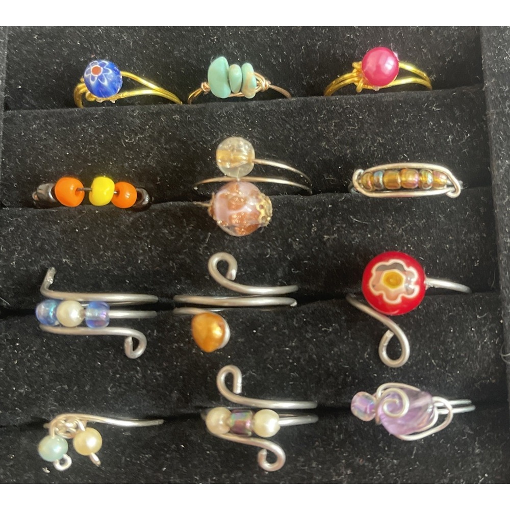 Lot of 12 Wire-Wrapped Rings Beads Handmade Costume #3
